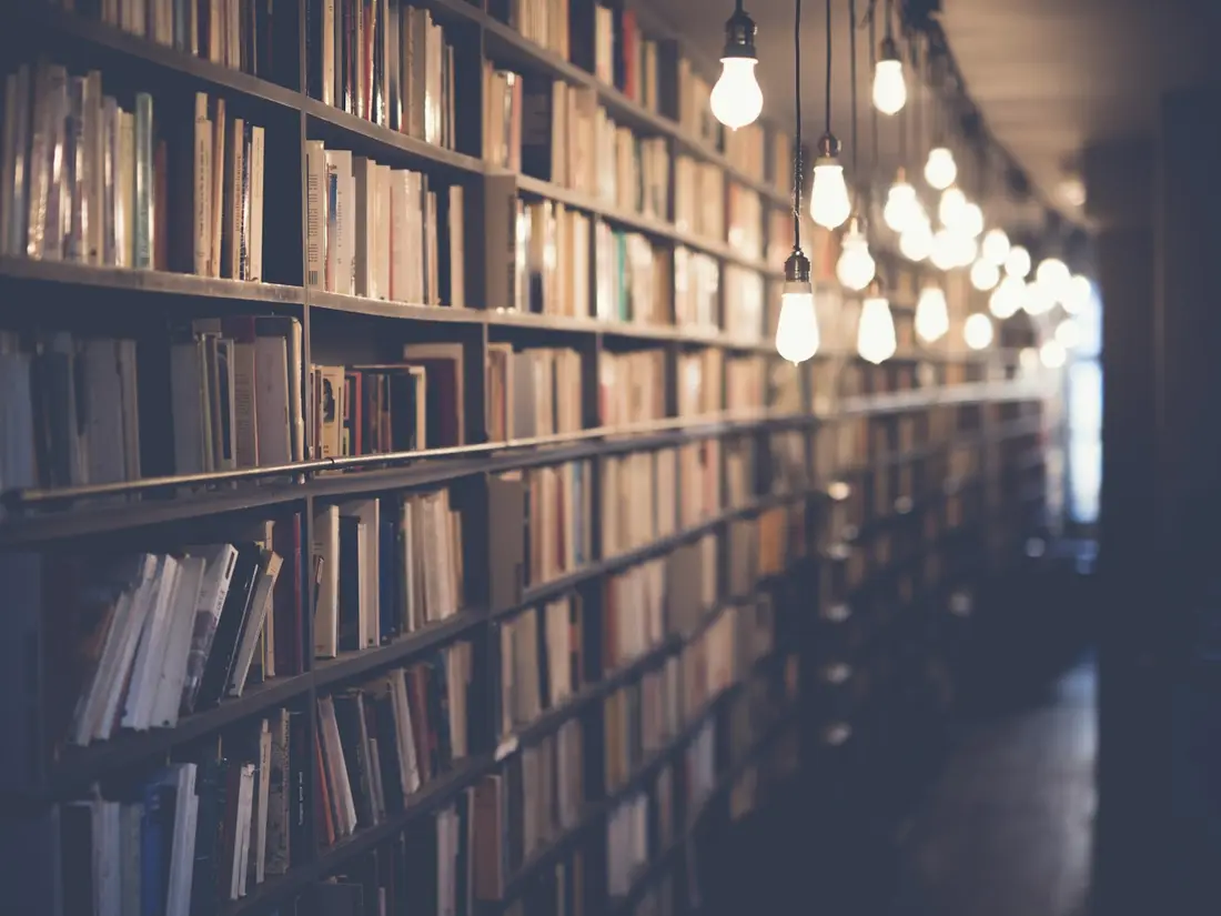 Reading lamps glowing over library shelves